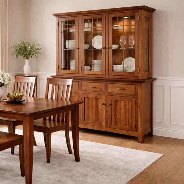 Wooden dining room set with table, chairs, and hutch in a room.