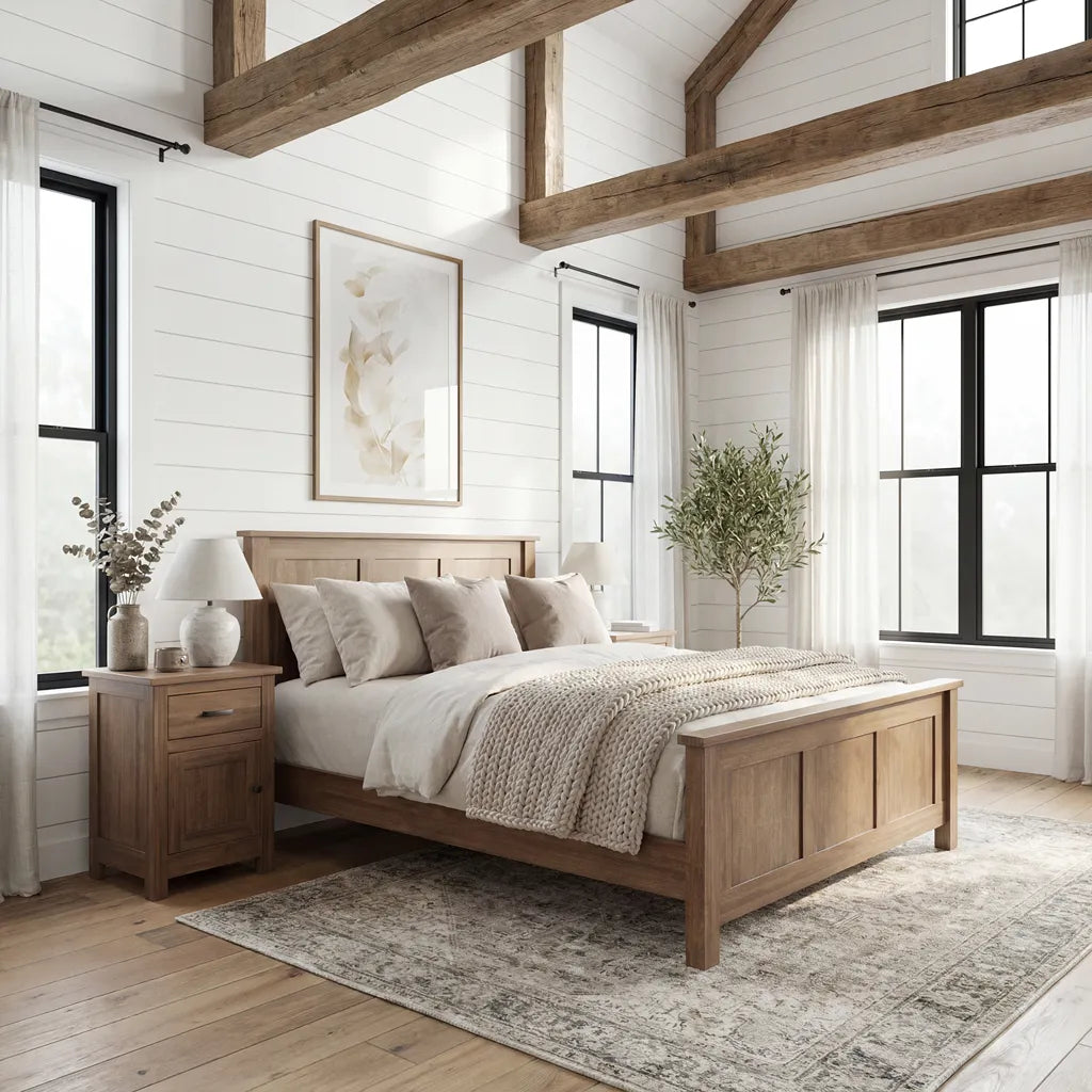 A rustic wooden bed frame with a matching nightstand and rug, styled in a bright, modern farmhouse bedroom with white shiplap walls and exposed wood beams.