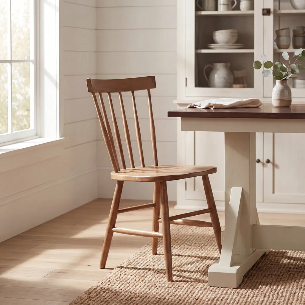 A wooden spindle-back dining chair with a light oak seat and back, positioned next to a white table with a dark wood top in a bright, sunlit room with white shiplap walls.