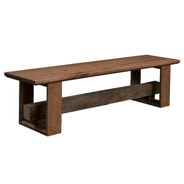 A solid brown trestle bench made of reclaimed hardwood, with a rectangular seat and a long trestle base, displayed against a white background.