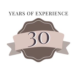 Decorative emblem with '30 Years of Experience' text on a white background
