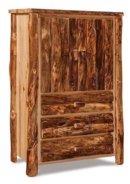 Rustic log cabin-style armoire with two doors and a clear top coat finish, showcasing natural wood knots and patterns.