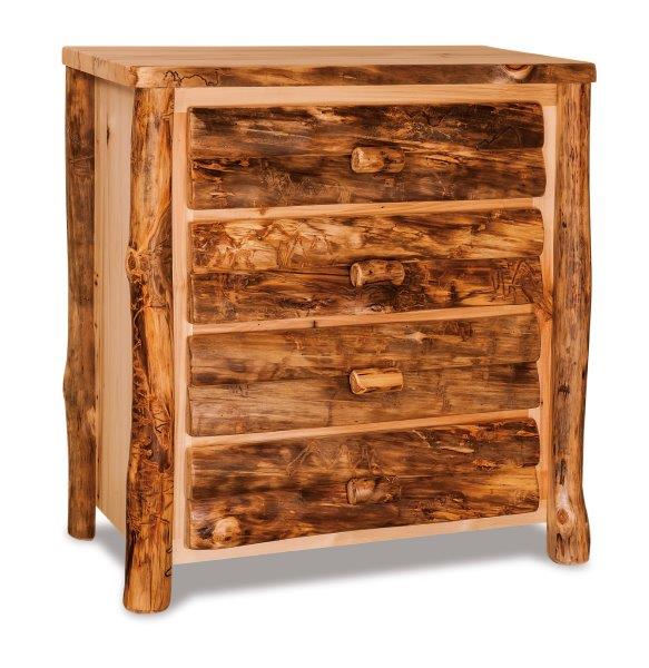 A rustic log-style chest of drawers with a clear coat stain finish, featuring a solid hardwood construction and multiple drawers.