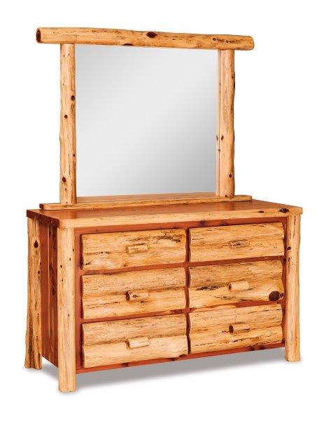 A rustic 6-drawer dresser with a clear mirror on top and a wood finish. It features a rustic design with visible wood grain and knots.