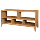 A rustic white oak media center with open style construction, featuring four compartments with tapered legs.