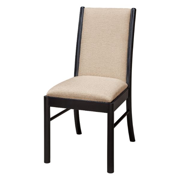 A dining chair with a beige upholstered seat and backrest, and a dark wooden frame.