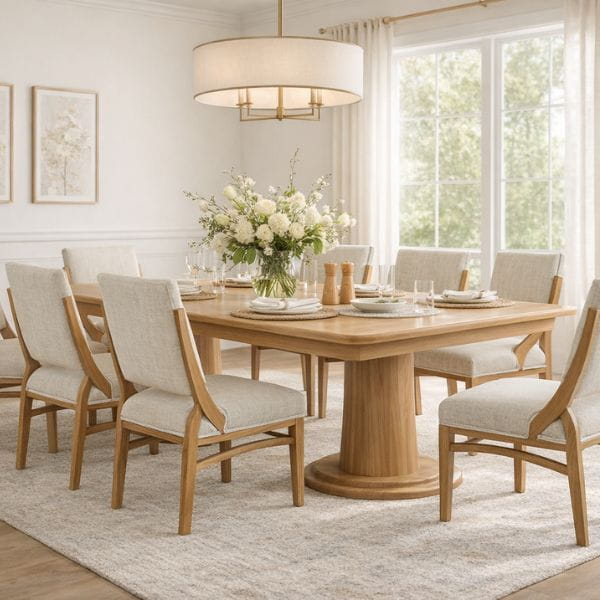 Dining room with wooden table and chairs, floral centerpiece, and large window.