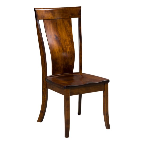 A brown wooden dining chair with a smooth finish and a simple design, featuring a full back and a seat pad.