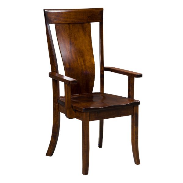 A brown wooden dining chair with a smooth finish and a simple design, featuring a full back and a seat pad.