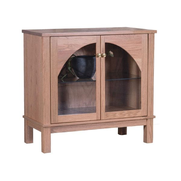 Wooden cabinet with glass doors on a white background