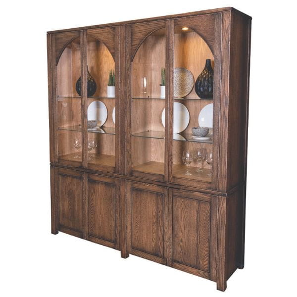Wooden display cabinet with glass doors on a white background