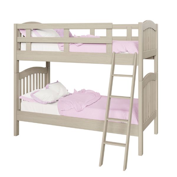 A bunk bed with the top bunk having pink bedding and the bottom bunk being used as a ladder. The bed is made of oak wood with a beige finish.