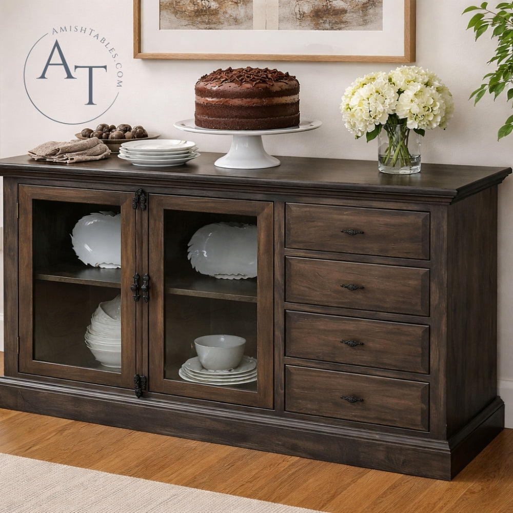 Wooden sideboard with a cake, plates, and flowers on top in a home setting.