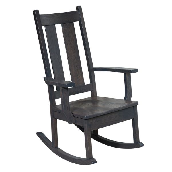 An Amish Delmont Solid Wood Rocker with a dark stained finish, featuring a wooden seat and arched rockers.