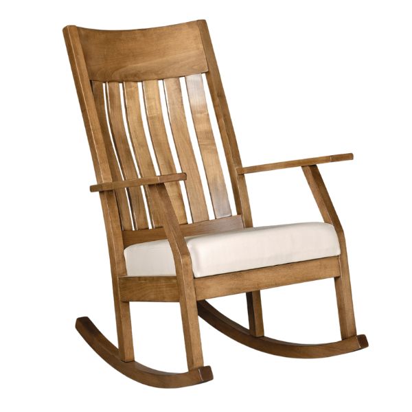 An Amish elegant solid wood rocker with a plush upholstered seat, made in the USA, shown in brown color with a cream upholstered seat.
