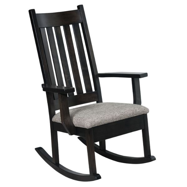 An Amish handcrafted solid wood rocker with a optional upholstered seat, shown in Brown Maple with Dark Knight stain.