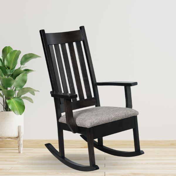 black rocking chair with a grey seat cushion
