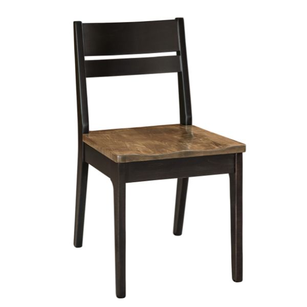 A side view of a Newark Dining Chair with a saddle scoop seat and Mission edge. The chair is pictured in Brown Maple wood with an ebony frame and an almond seat.