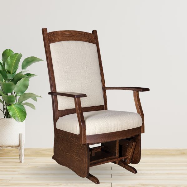 An Amish padded back solid wood glider with an upholstered seat in a room setting, showcasing a brown wood finish and beige upholstery.