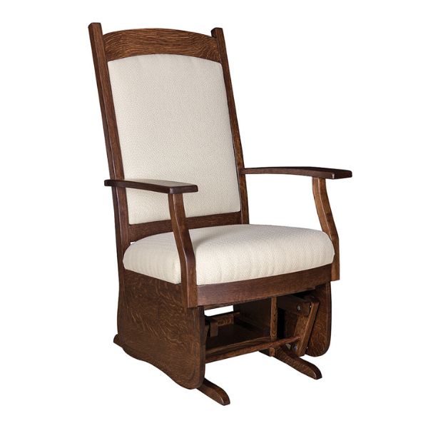 An Amish padded back solid wood glider with an upholstered seat in a room setting, showcasing a brown wood finish and beige upholstery.
