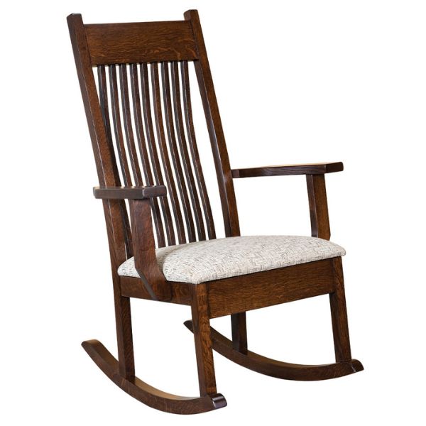 A handcrafted wooden rocking chair with a upholstered seat, shown in a social stain.