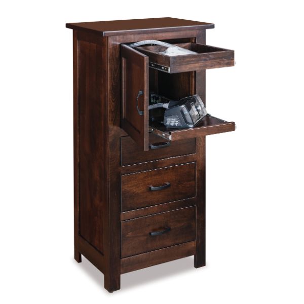 A wooden C-PAP cabinet chest with a pull-out tray for machine and water, and another for hose and mask, made of solid hardwood.