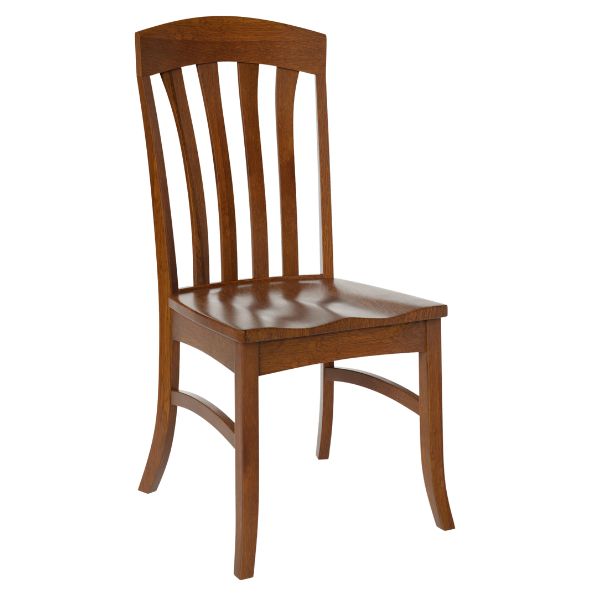 A wooden dining chair with a saddle scoop seat and a high backrest.