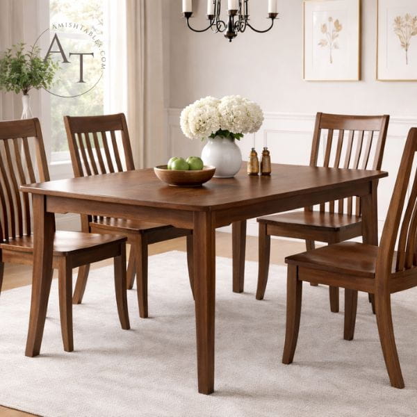 Dining room with wooden table and chairs, flowers, and decor.