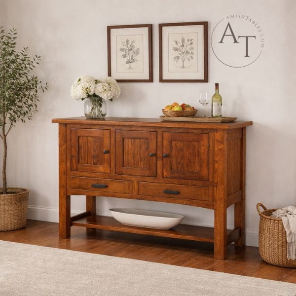 Wooden sideboard in a room with decorative items and 'Amish Furniture' branding.