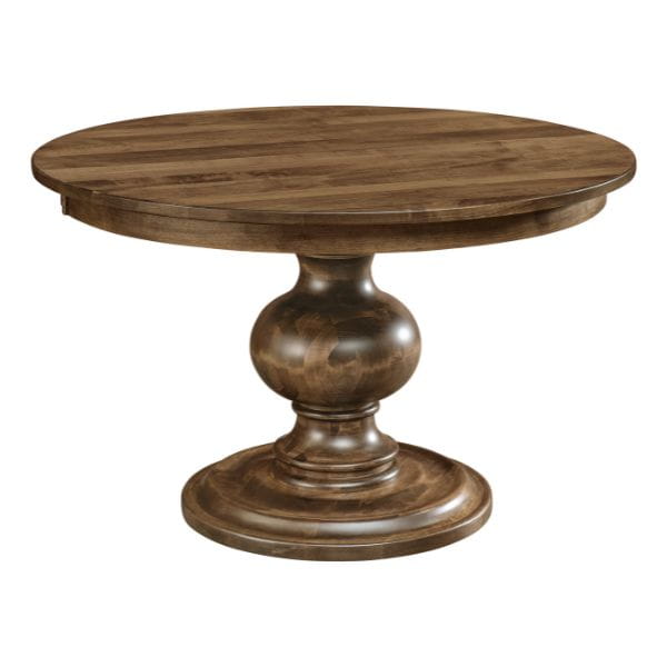 Round wooden table with a pedestal base on a white background