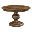 Round wooden table with a pedestal base on a white background