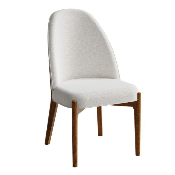 White upholstered chair with wooden legs on a white background