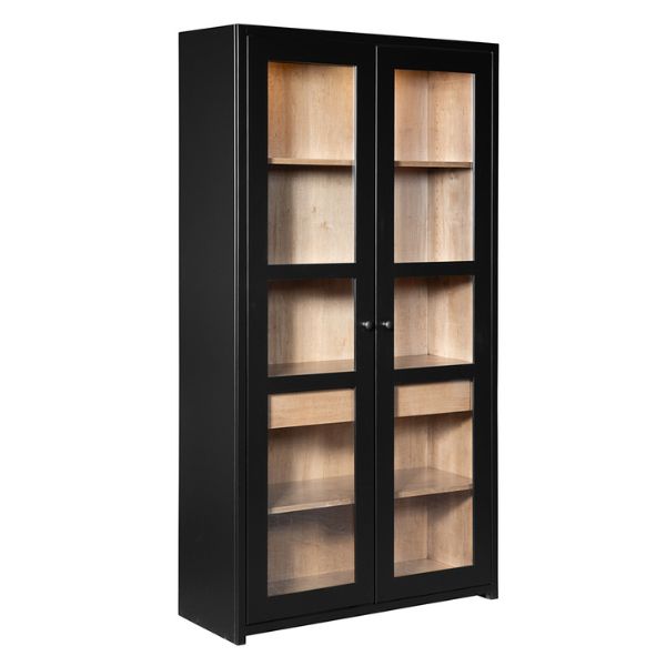 Black cabinet with glass doors on a white background
