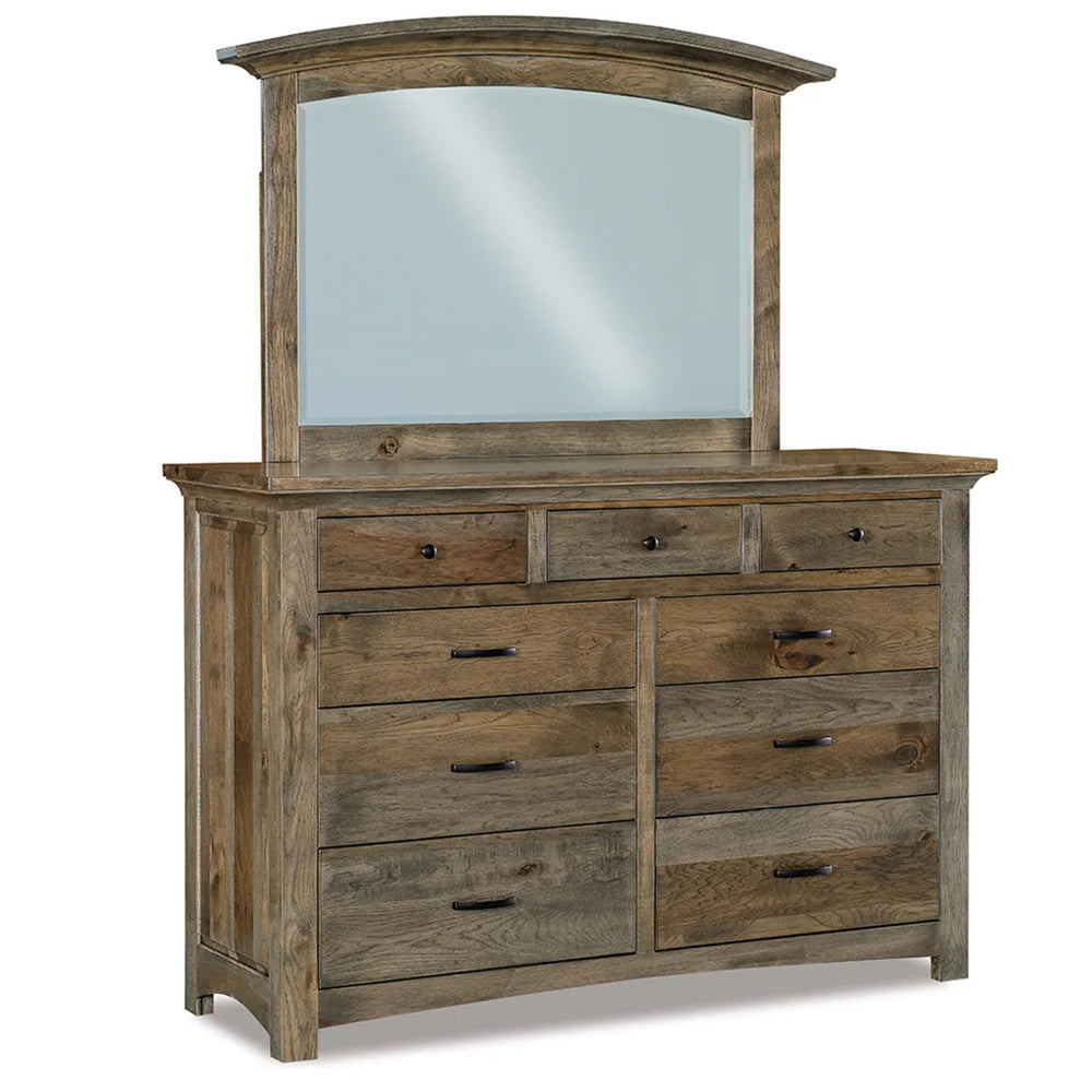 A rustic wood dresser with an attached arched mirror, featuring six drawers and dark metal handles on a white background.