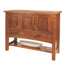 Wooden cabinet with three doors and a shelf on a white background