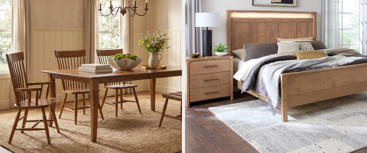 Dining table with chairs and a bedroom setup in a home interior.