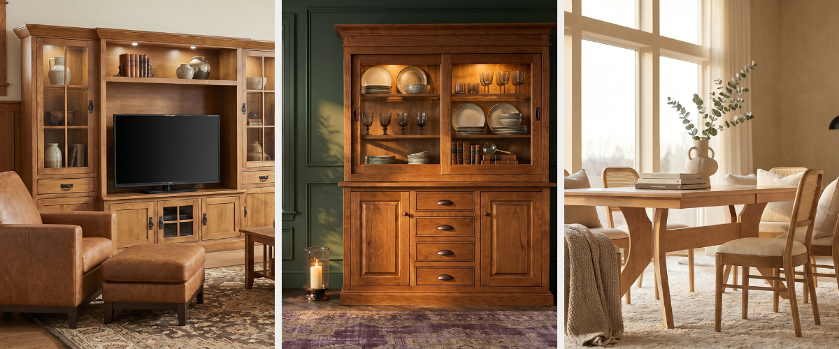 Wooden entertainment center, cabinet with glass doors, and dining table with chairs in a living room setting.