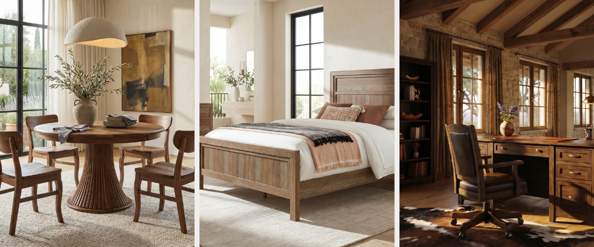Three images of a home interior: a dining area, a bedroom, and a home office.