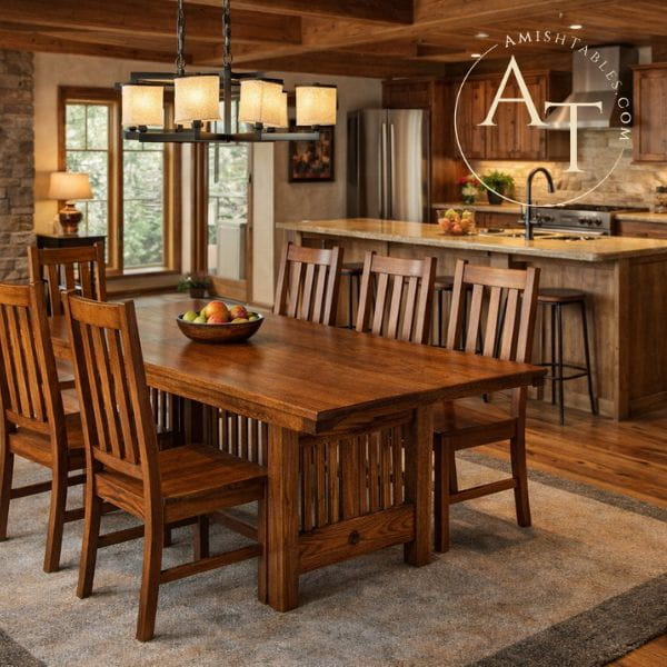Wooden dining table with chairs in a rustic kitchen setting, featuring the Amish Tables logo.