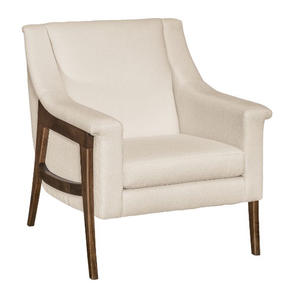An Andover chair with beige upholstered seat and backrest, with a sculpted wood frame that has a brown finish, and tapered legs.