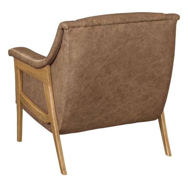 the back of a brown leather chair with wooden legs