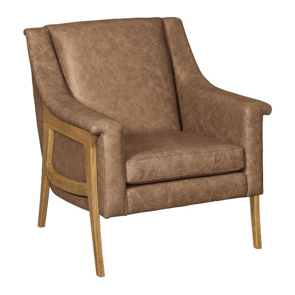 front of brown leather chair with wooden legs