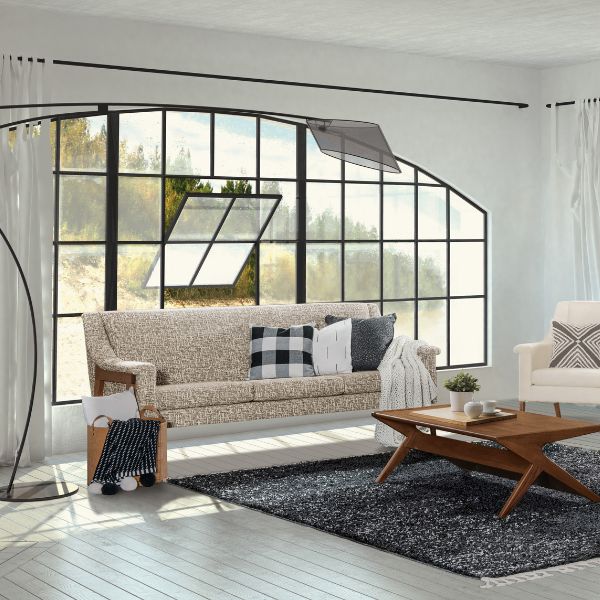 living room with wooden table and beige table with brown wood