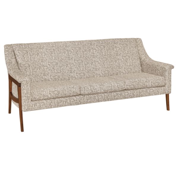 An Andover sofa with beige upholstery and wooden legs, showcasing a mid-century modern design.