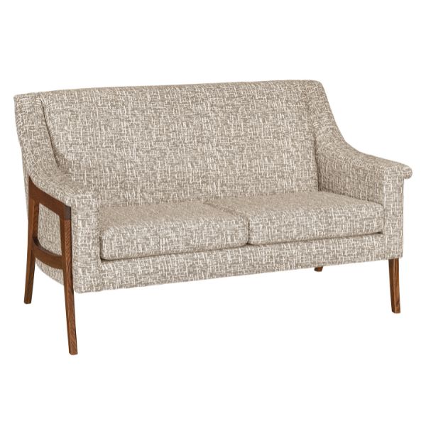 A beige upholstered loveseat with a wood frame and tapered legs, showcasing a luxuriously durable fabric finish.