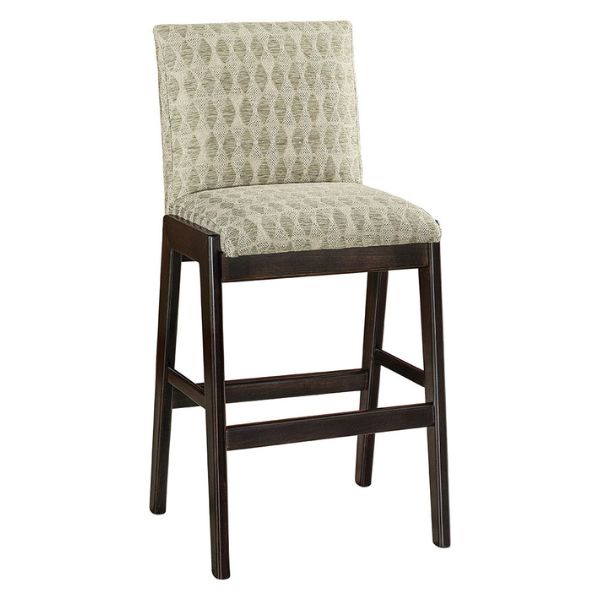 An upholstered bar stool with a brown wooden frame and fabric seatback.