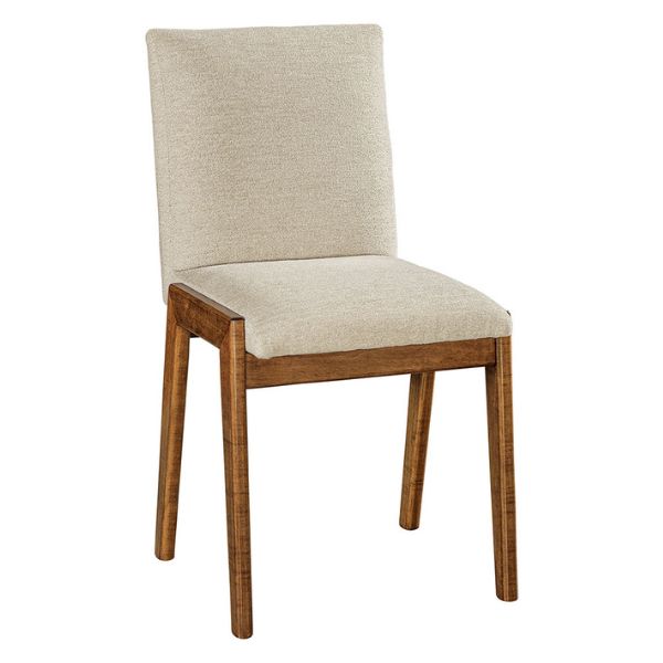 An Arden dining chair with beige upholstery and a wooden frame, showcasing a comfortable backrest and seat.