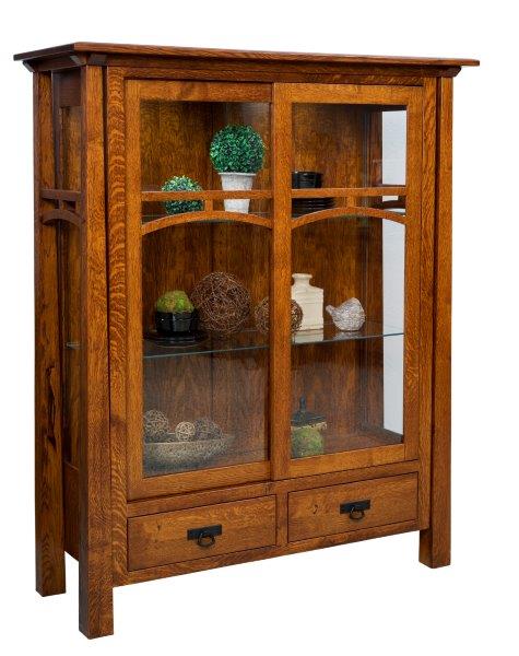 A two-door curio cabinet made of wood, featuring plain glass panels with mullions, LED lighting, and decorative items displayed on the shelves.