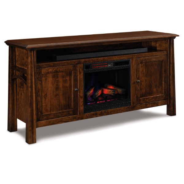 A brown media stand with a fireplace insert, featuring soft close doors and a visible flame. The stand has multiple storage compartments and a shelf on top.