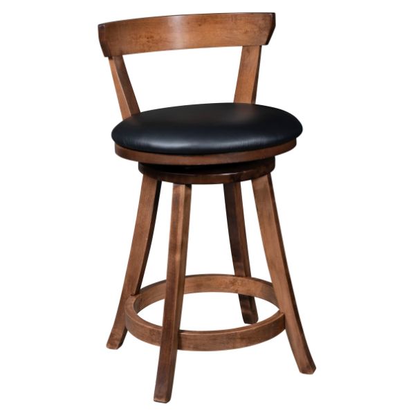 A 24-inch swivel bar stool with a upholstered seat and wooden legs and frame, made in the USA.